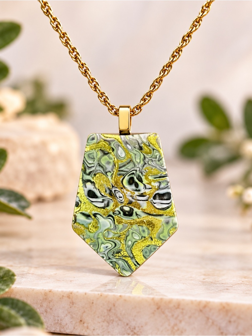 Green Black Gold Chunky Handmade Polymer Clay Large Necklace SS Gold Chain